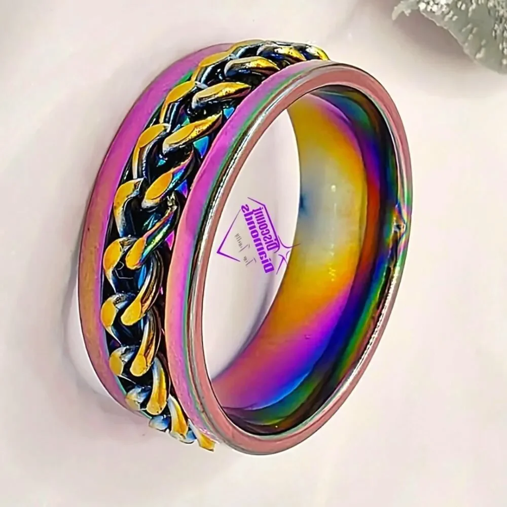 Men / Women / Unisex SPINNER Titanium Polished Rainbow Silver Ring Rainbow Chain
